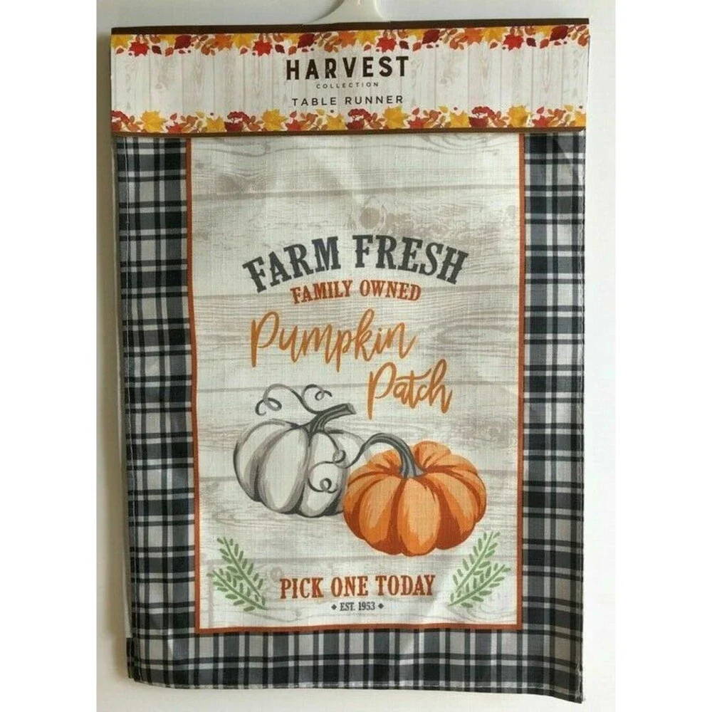 Pumpkin Patch Table Runner Thanksgiving Fall Black Buffalo Plaid Trim 13x72